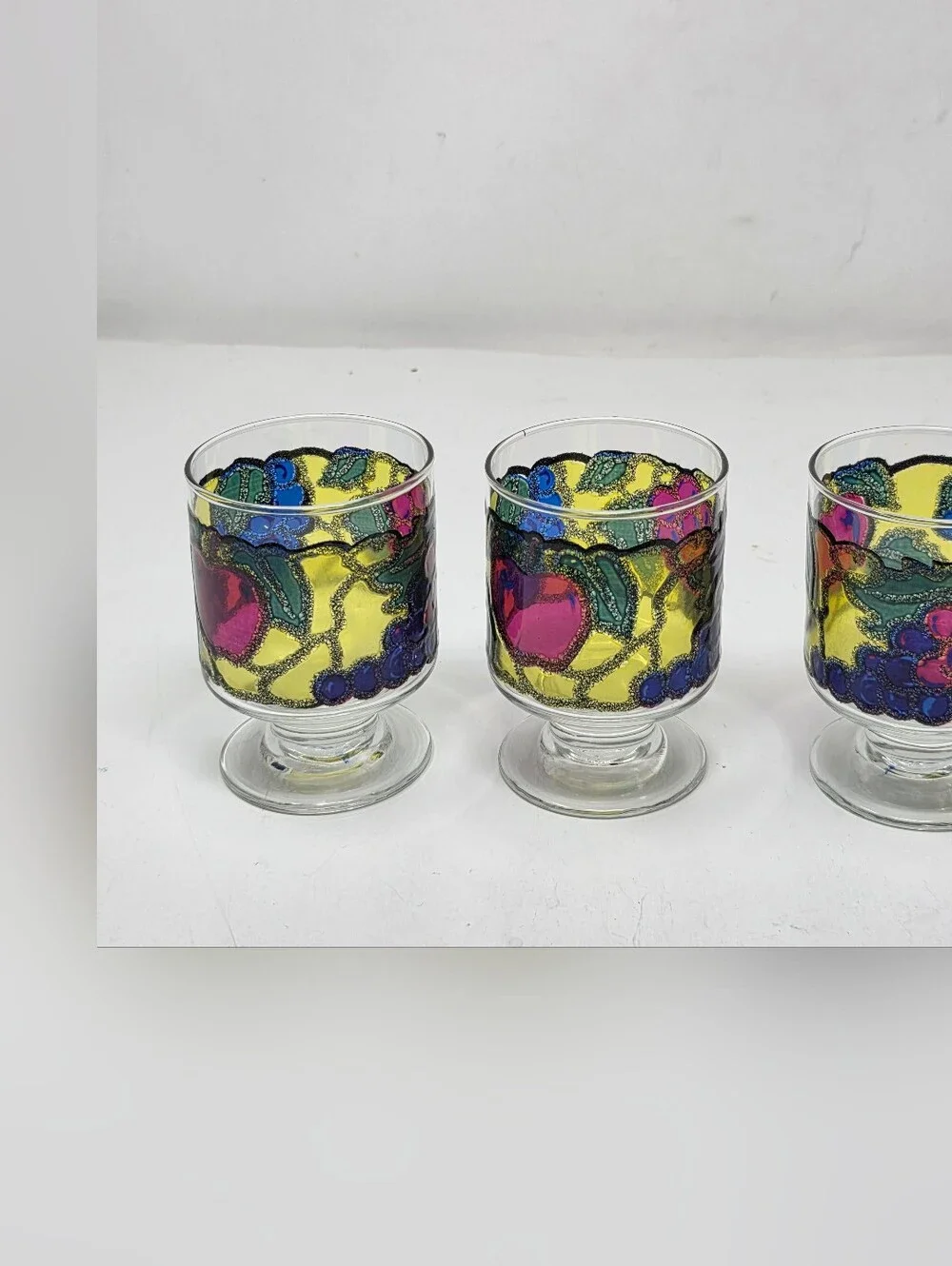 Libbey Set of 3 Colorful Hand-Painted Fruit Cocktail footed Glasses Vintage